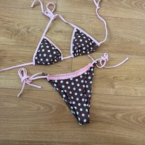 Polka Dot Triangle String Bikini - Brown & Light Blue with Pink Trim
